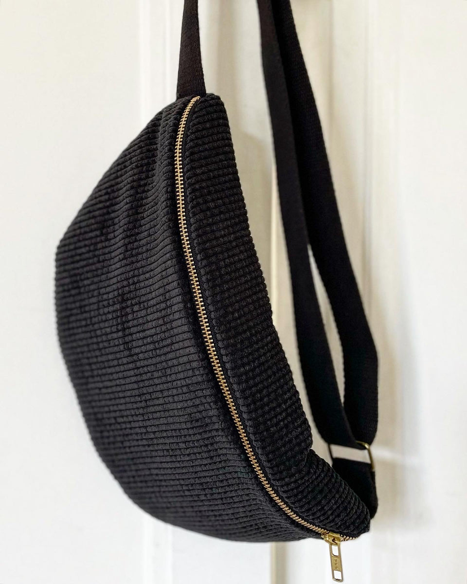 TenaLucy Sac Banane En Velours Côtelé – Noir, 33x16x10 Cm, 130 G, Bandoulière Réglable, 3 Poches Zippées, Pour Femme Et Homme, Voyage Shopping