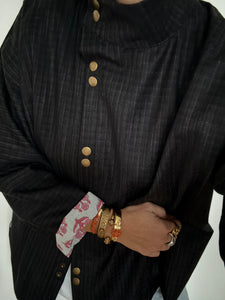 Blouse Anna en drap de laine gris doublée en coton rose