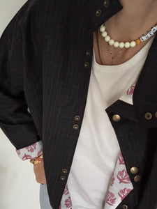 Blouse Anna en drap de laine gris doublée en coton rose